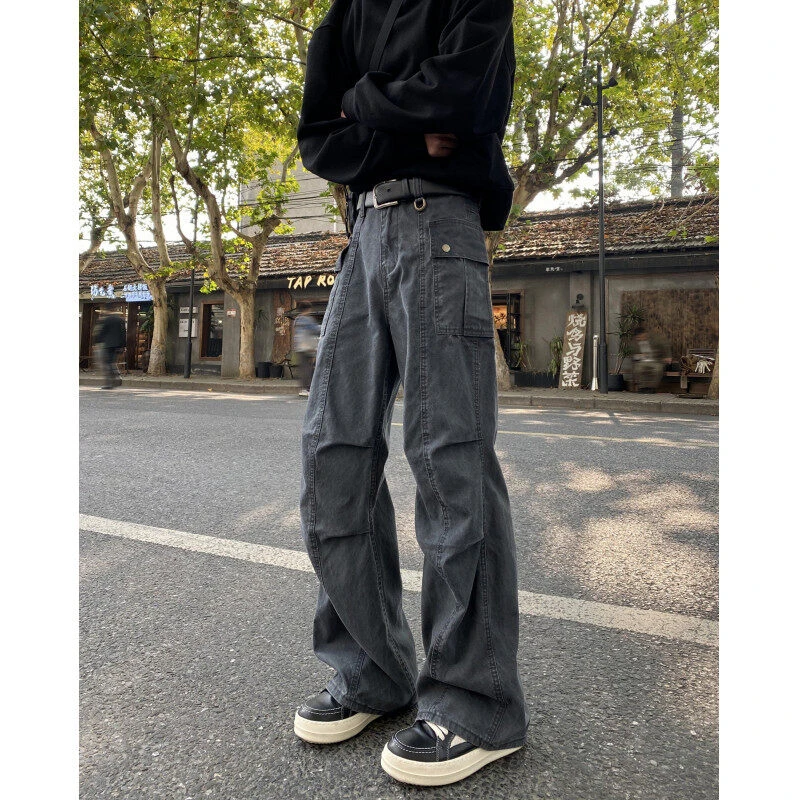 美式复古褶皱工装裤男款春秋水洗做旧裤子高街窄版直筒裤微喇长裤