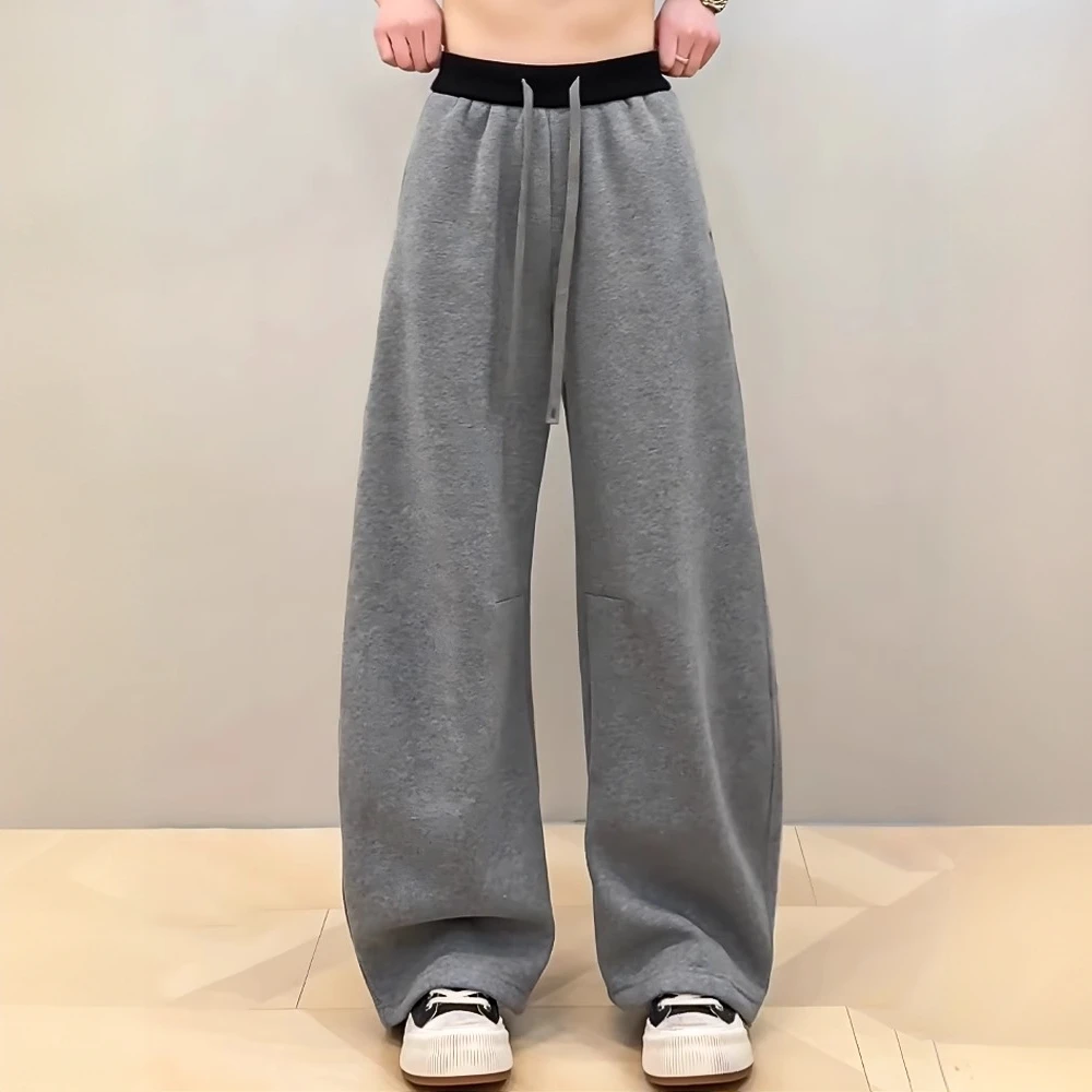 松紧腰抽绳拼色显瘦加绒直筒卫裤女2024年冬季新款休闲裤加厚长裤