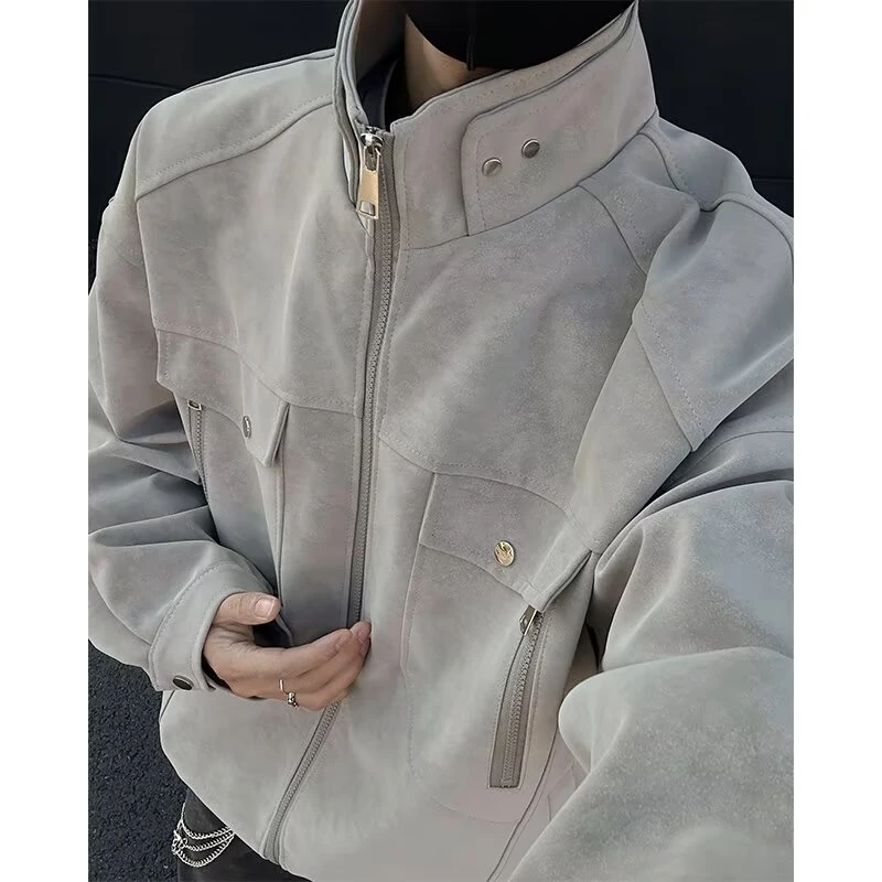 美拉德复古春秋外套PU皮衣机车服解构拉链立领夹克男百搭长袖