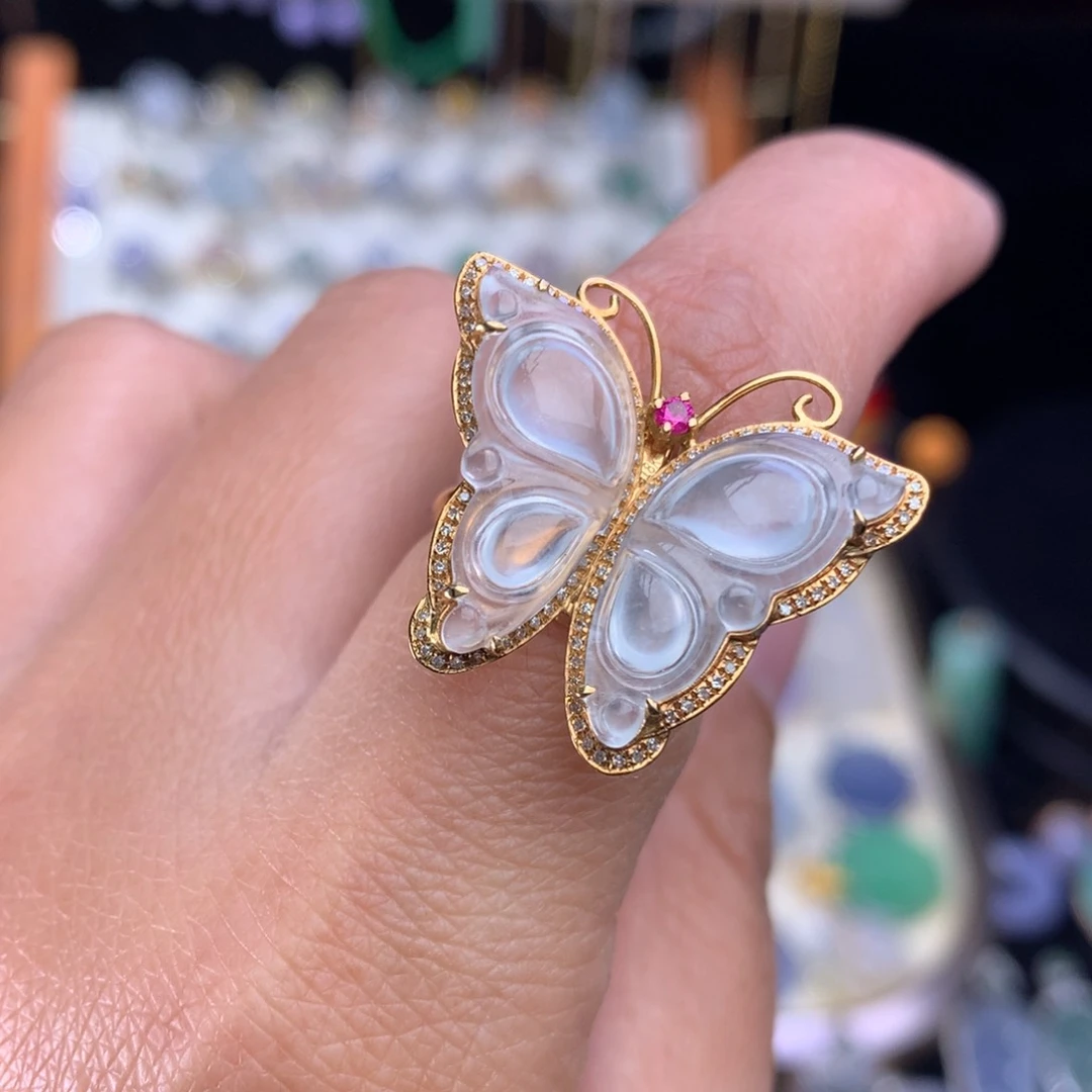 翡翠吊坠(不含链)18K金镶嵌蝴蝶两用款