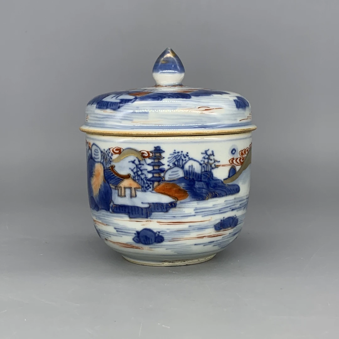 62509176*清康熙青花矾红山水纹盖缸/瓷器六/江苏省文物总店/MM