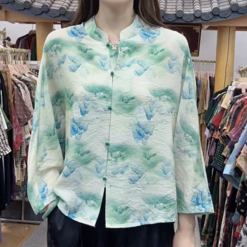 8109-26（山水）新款中式国风立领盘扣印花小衫