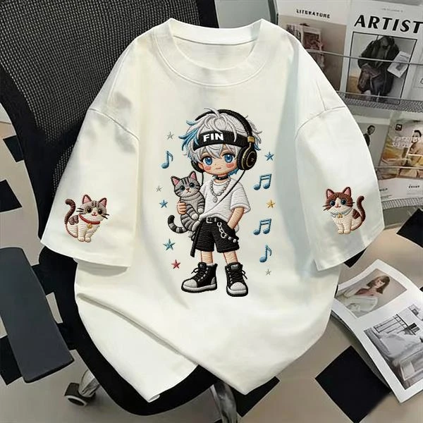 儿童100%棉夏季仿刺绣新款短袖T恤中大童卡通帅气百搭宽松上衣商品图