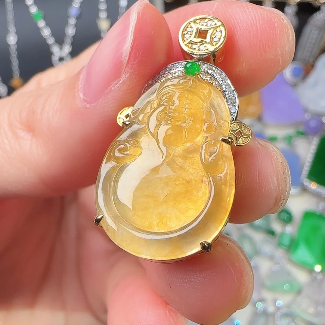 翡翠18K金镶嵌颈饰高冰冰黄翡财神