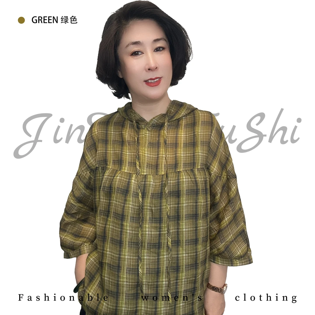 竖条格子休闲连帽苎麻套头上衣 单排扣衬衫976