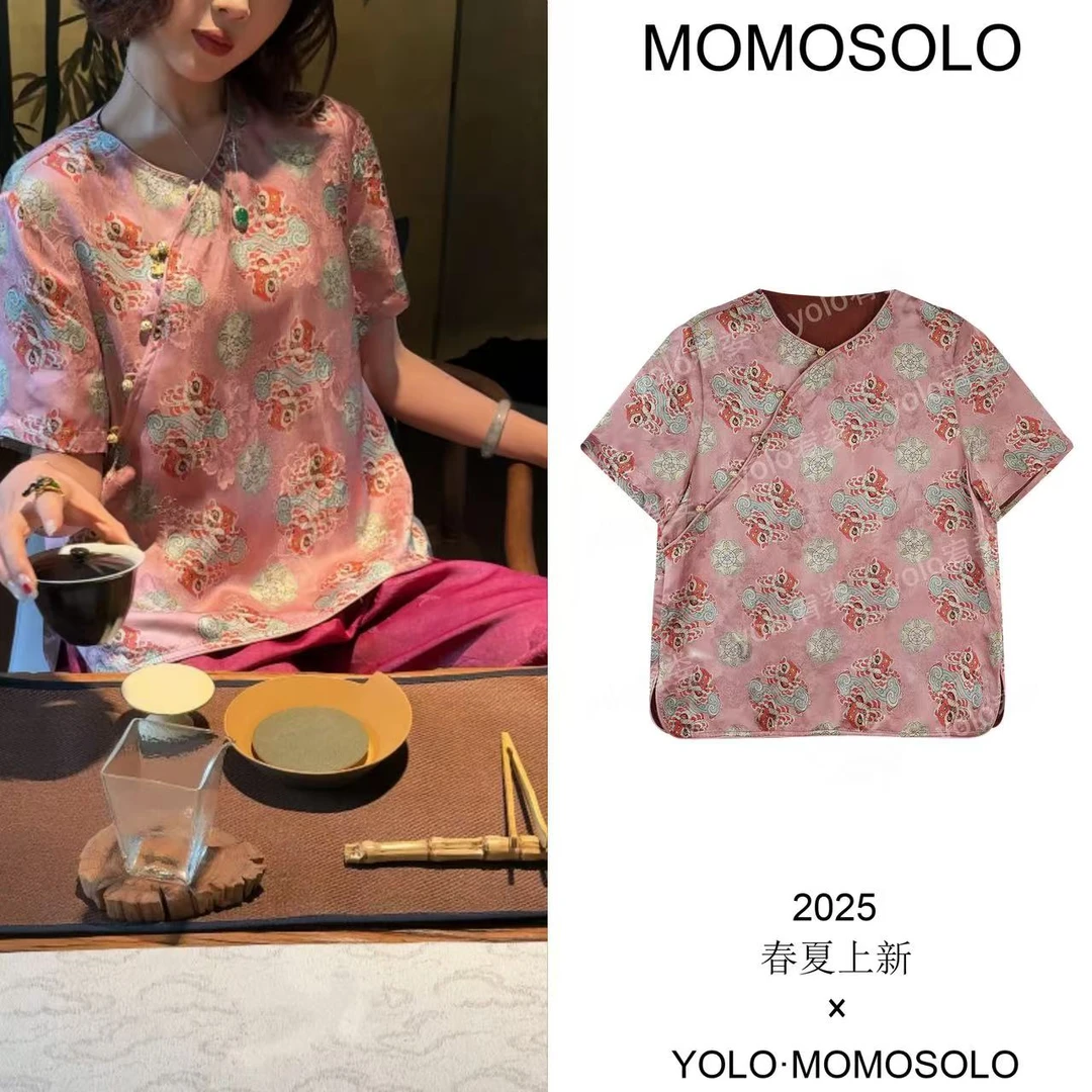YOLO清仓专属狮舞夏100%人丝香 云 纱醒狮提花上衣改良短袖YM2011