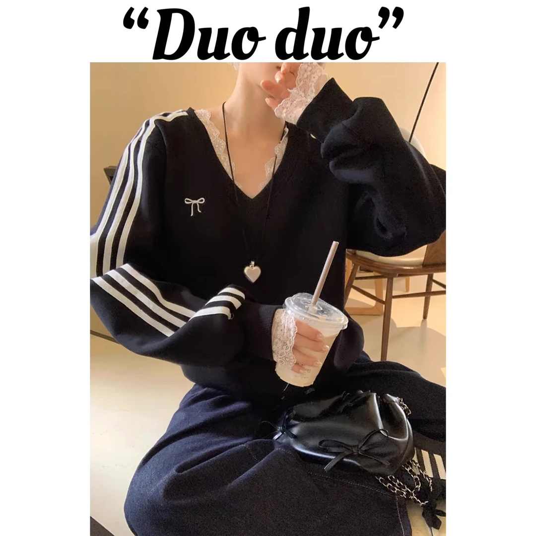 通勤设计感秋季女装蕾丝V领开衫卫衣加绒撞色宽松长袖圆领百搭