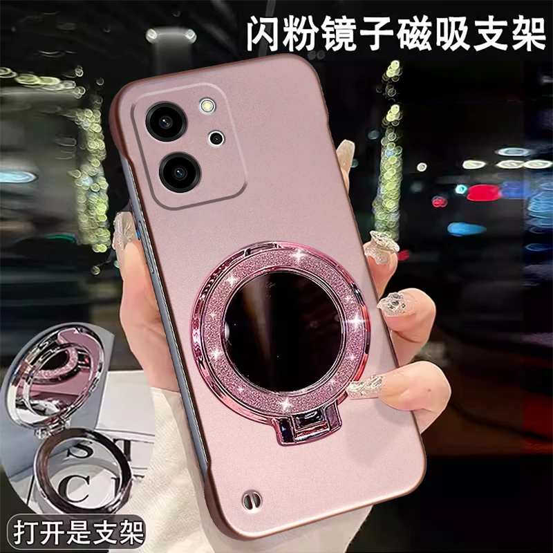 适用荣耀80SE手机壳无边框超薄时尚金属漆散热闪粉镜子支架保护套
