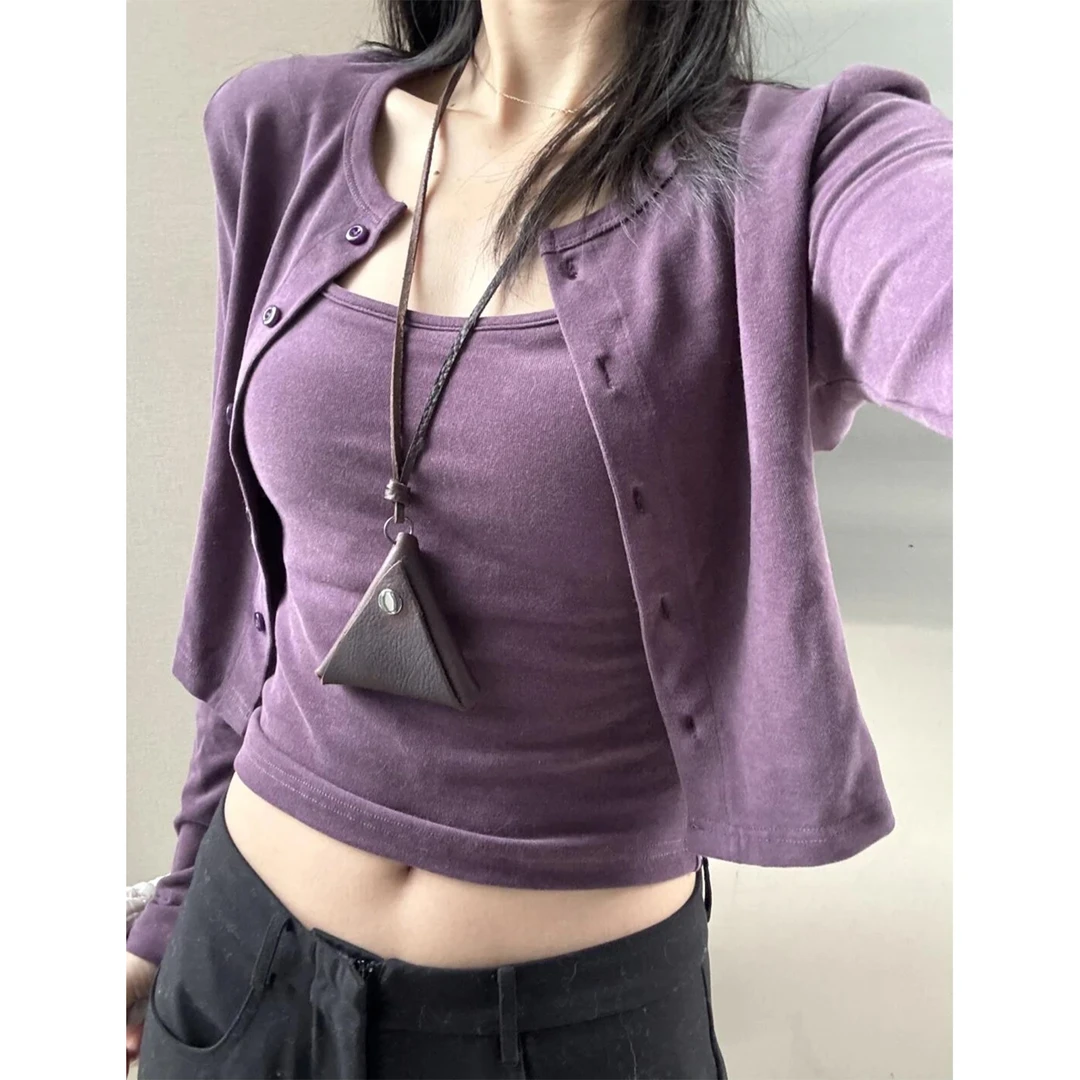 2024早秋新款女士简约休闲辣妹背心吊带长袖开衫高腰休闲阔腿裤