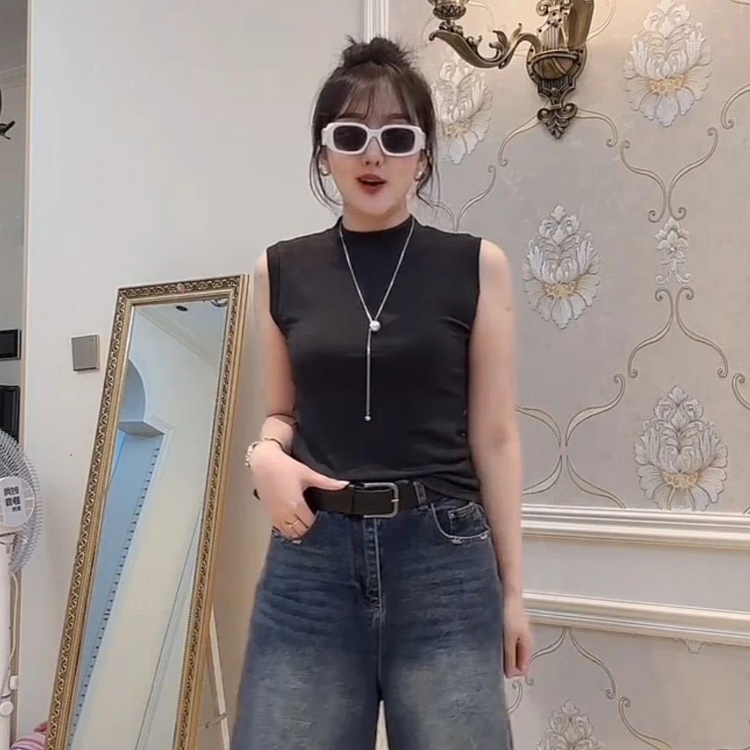 气质白色半高领无袖背心女2025新款春秋洋气显瘦百搭外穿内搭打底