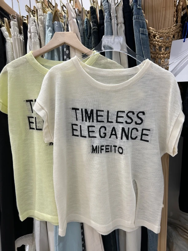 圆领开叉字母冰麻透气系带短袖夏季新款飞机袖遮肉显瘦上衣