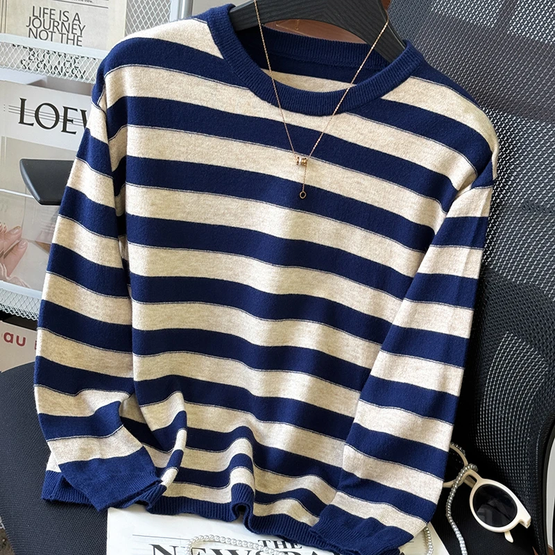 秋冬条纹女上衣毛衣宽松圆领套头减龄内搭针织打底261