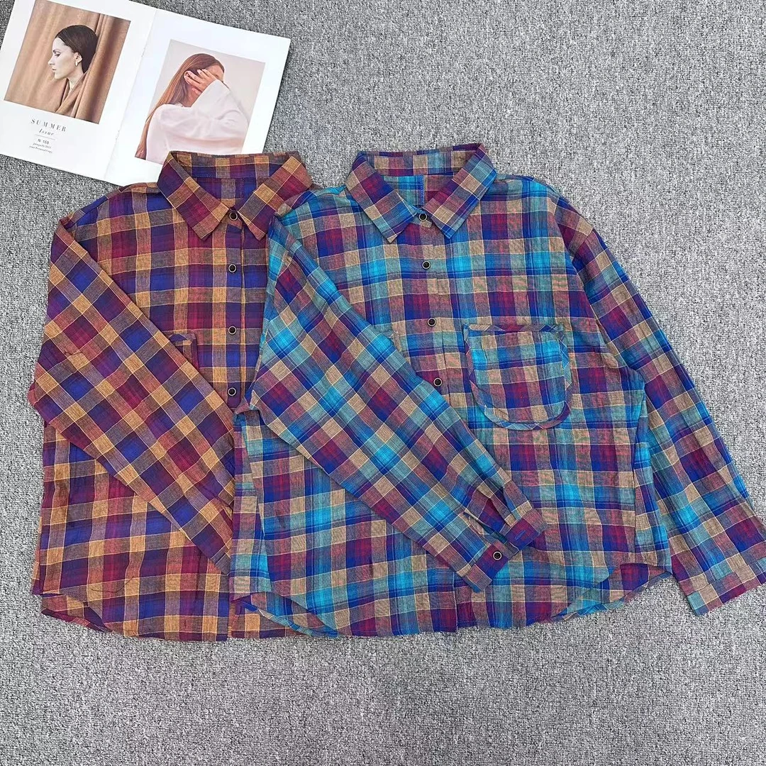 【周周家】5001濮院春季苎麻港味翻领格子衬衫休闲复古慵懒风小衫