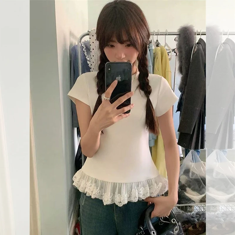 白色蕾丝花边短袖t恤女夏季新款纯欲内搭甜辣拼接正肩打底衫上衣