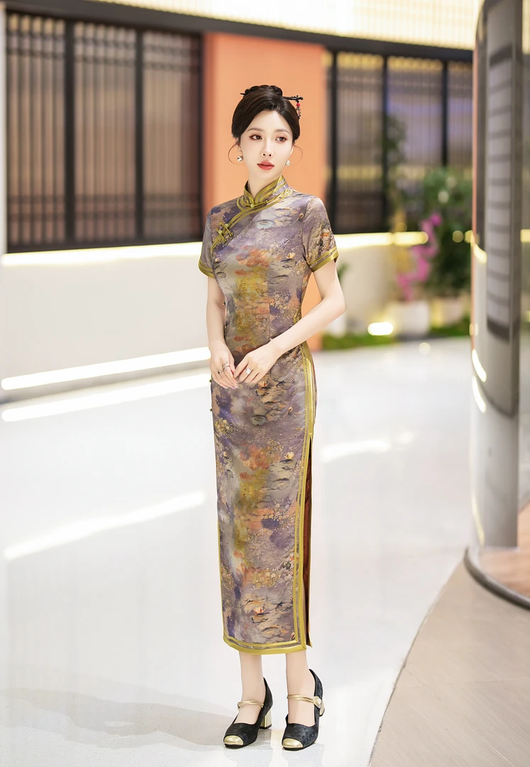 白幼秀夏季清凉年轻优雅日常中式复古气质黄色旗袍5548双层