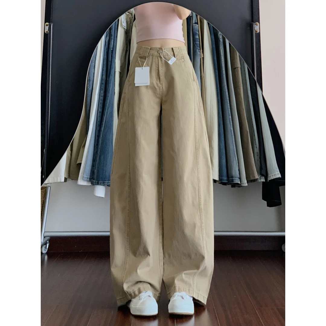 卡其色阔腿工装牛仔裤女2025秋季新款高腰宽松直筒百搭休闲弯刀裤
