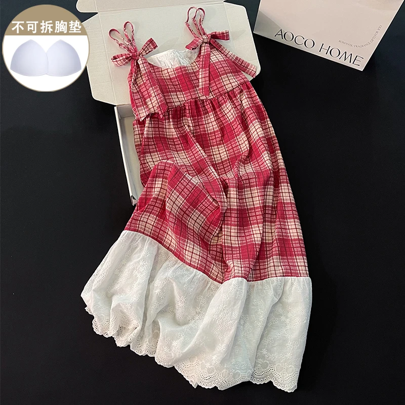 2025年新款甜美蝴蝶结睡裙女夏季带胸垫简约复古风吊带睡衣家居服