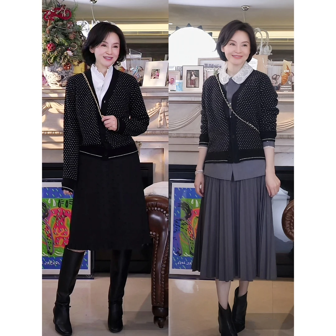 我是摩羯 黑色月光 100及细美丽诺羊毛3D波点棱形提花针织开衫