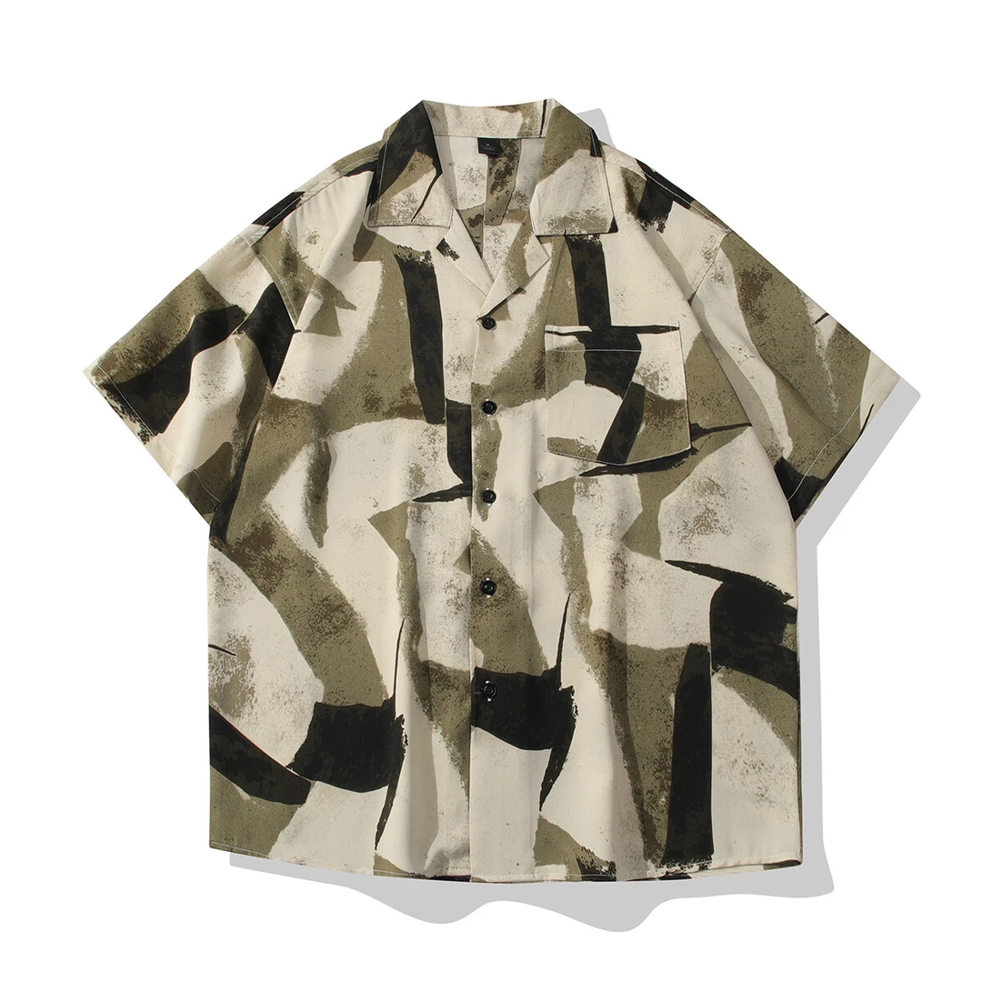夏季垂感冰丝短袖男古巴领衬衫男薄款透气五分袖港风复古宽松衬衣