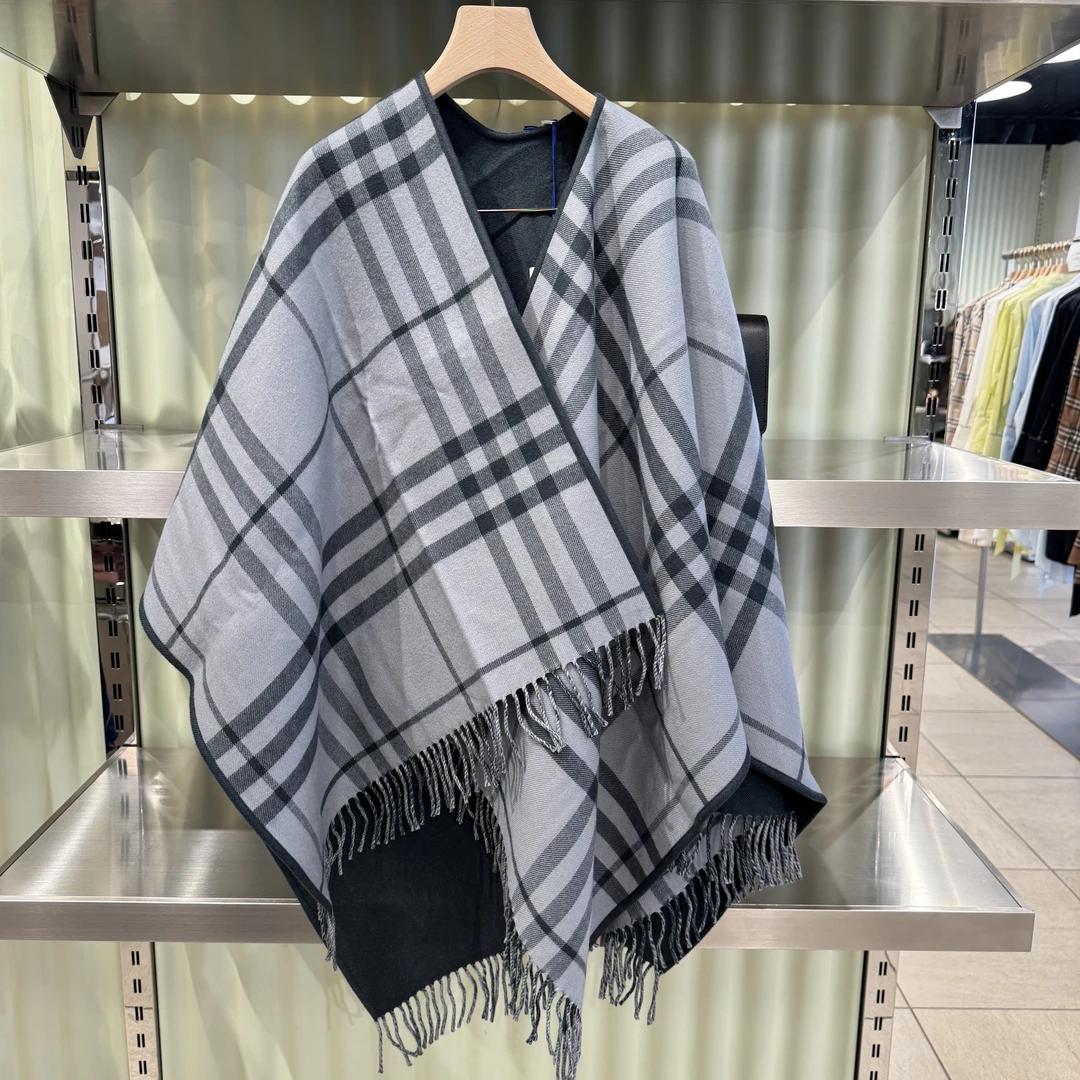 BURBERRY/博柏利新款时尚休闲百搭格纹流苏斗篷披风 女款 灰色