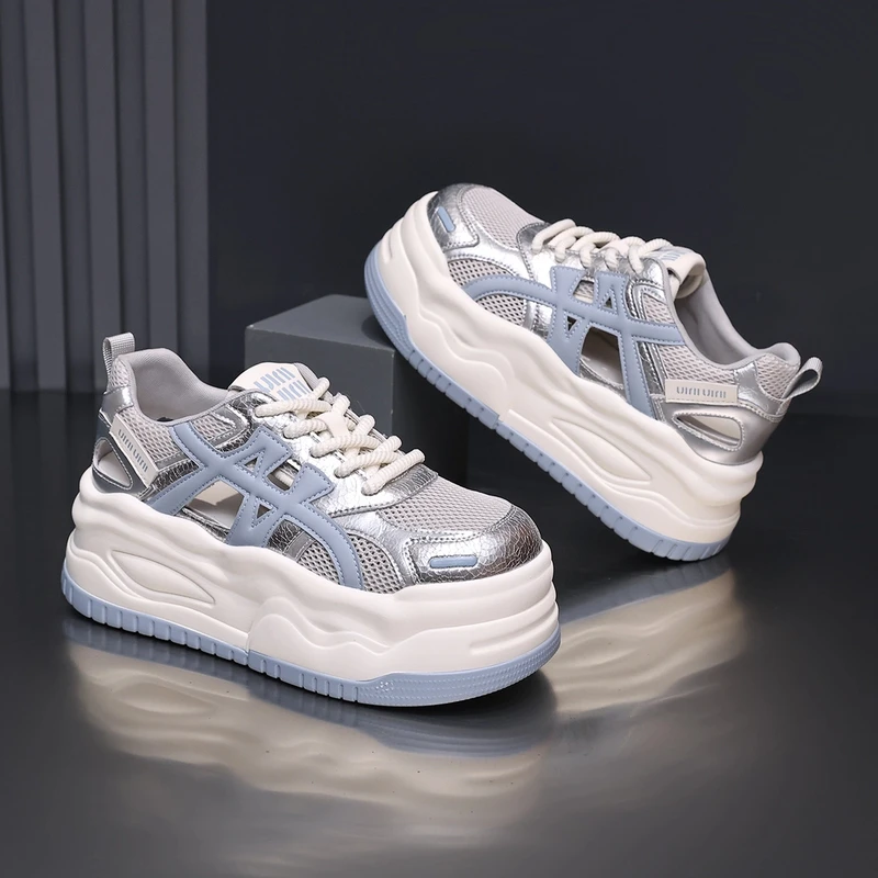 殊彩7cm厚底网面小白鞋女2025夏新款镂空透气休闲板鞋品牌类似款