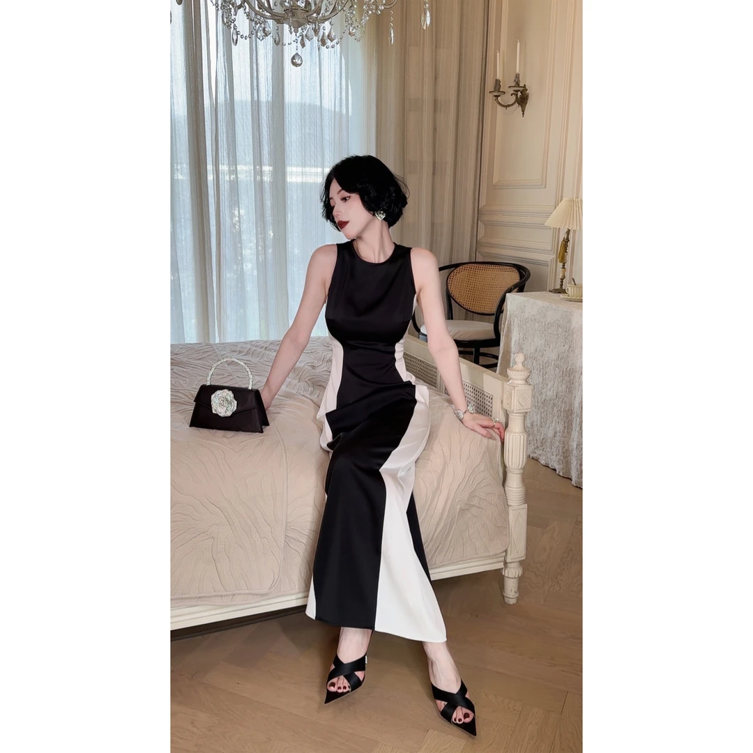 LYXJ【黑白线旋律】缎面夏季黑白拼色气质显瘦修身轻奢连衣裙11151