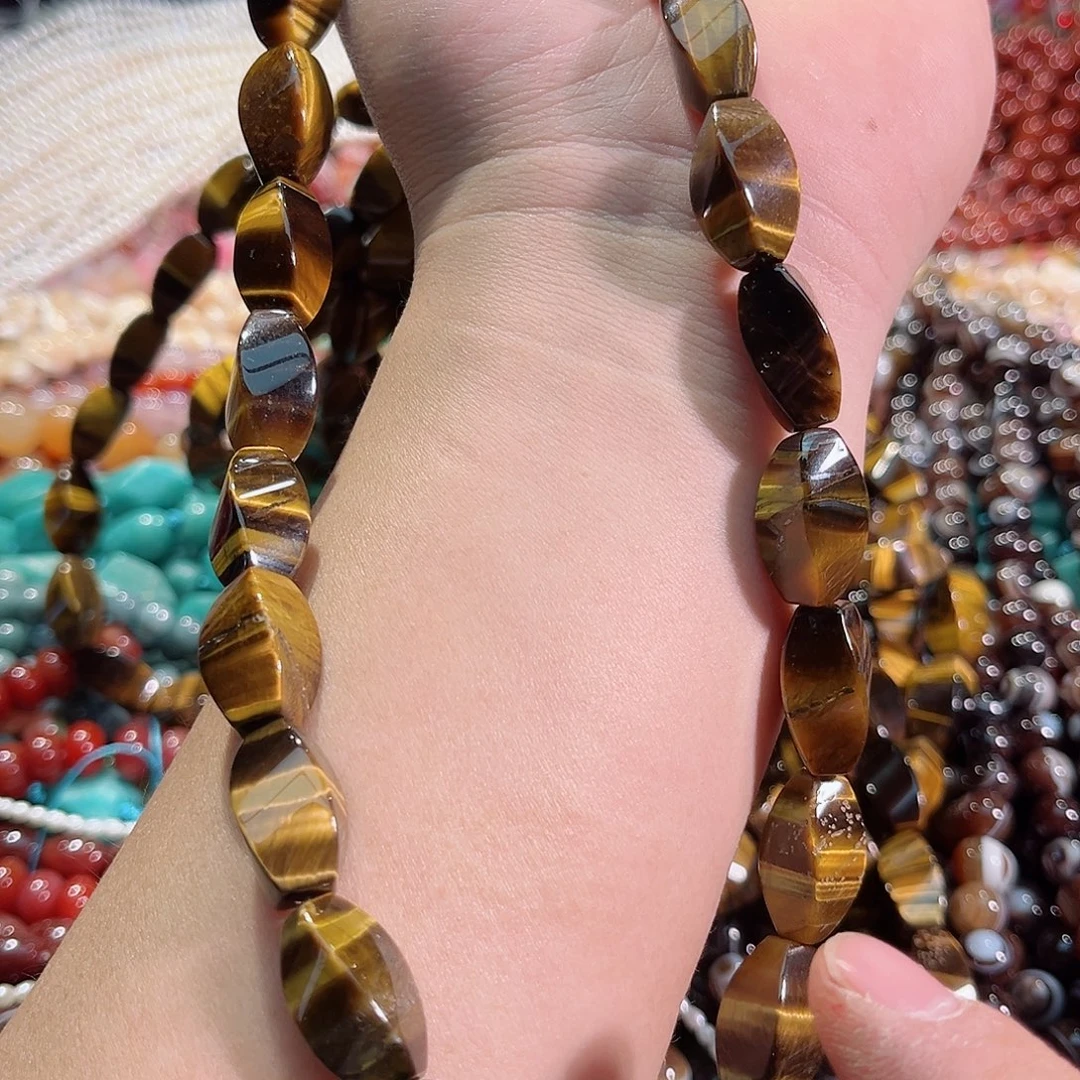 玛瑙/玉髓未镶嵌珠宝半成品A货虎眼妞妞珠一条10x20mm