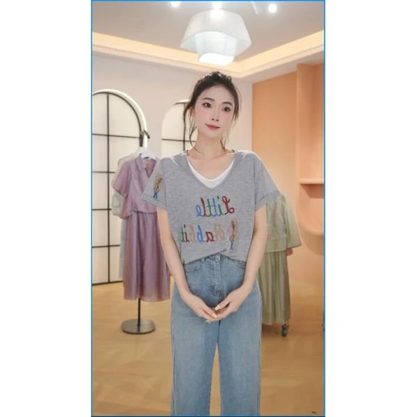 韩版休闲假两件卡通兔子短袖竹节亚麻夏季宽松套头V领显瘦上衣潮