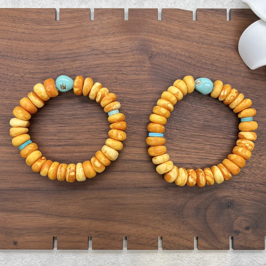 【润家原创】天然琥珀11-12mm橘皮石膏蜡饼子手串（多样性发货一件）