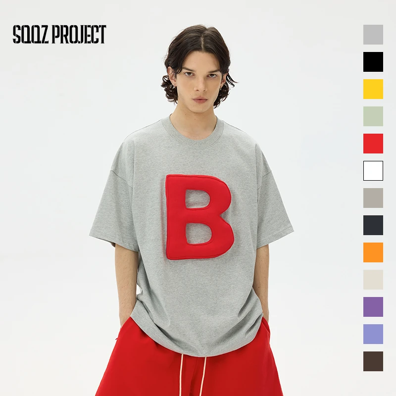 SQQZPROJECT新款300G立体撞色运动26个字母圆领宽松短袖T恤情侣