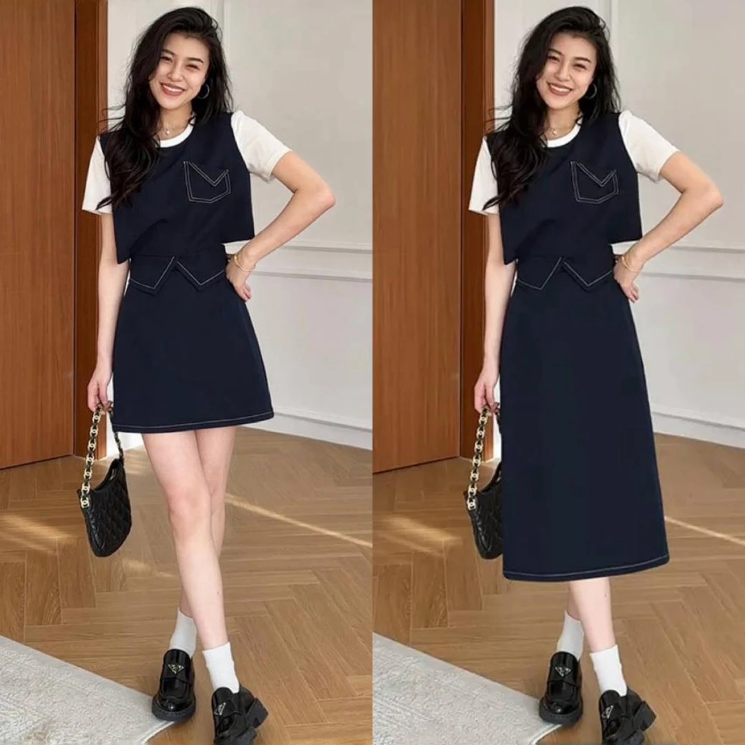 【睿智老钱】立体版型明线假两件T恤+显瘦裙裤巨好看的夏装气质套装