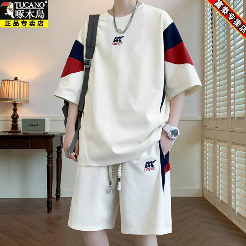 啄木鸟高端休闲运动套装男士2025夏季薄款透气圆领短袖短裤两件套