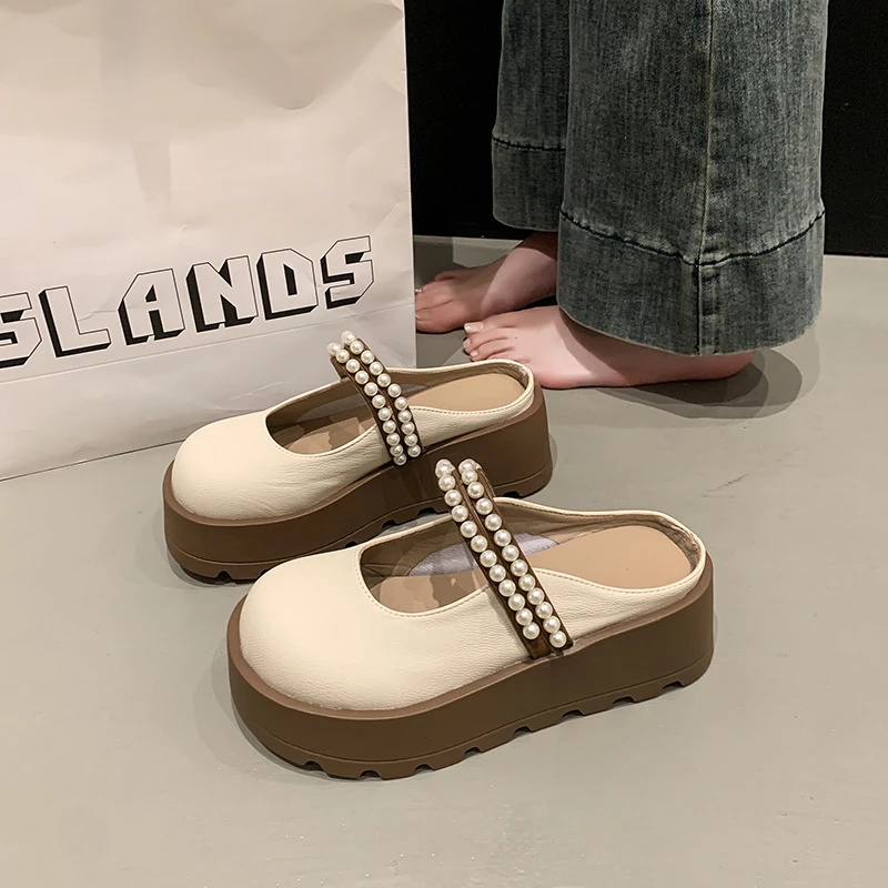 厚底一脚蹬珍珠法式玛丽珍包头半拖鞋女春夏季外穿2025新款凉拖鞋