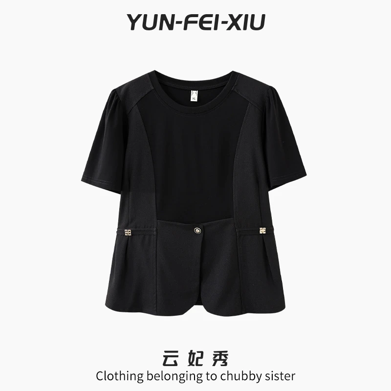 云妃秀大码女装T恤时尚韩版拼接气质微胖显瘦减龄上衣夏季25055