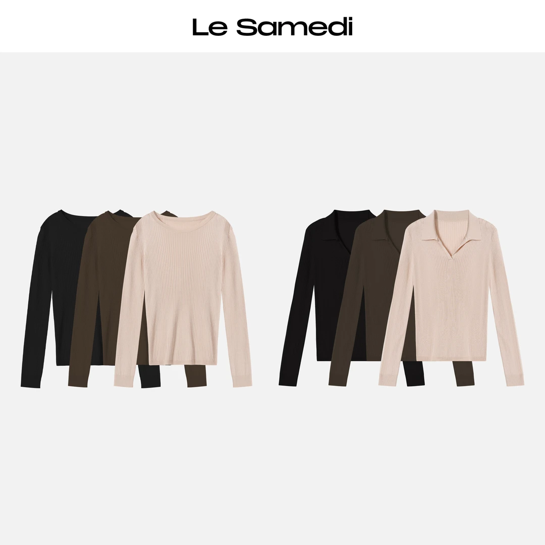 Le Samedi【月河星沙】缎光感醋酸丝 静奢坑条船领/polo领针织衫