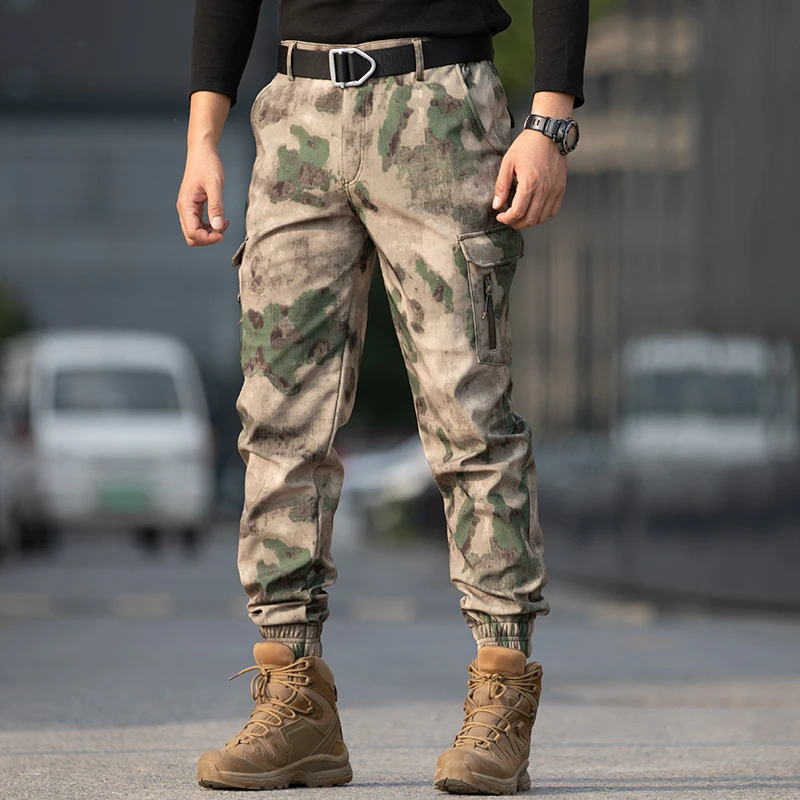 户外战术加绒束脚裤秋冬机能迷彩工装裤登山宽松冲锋裤0215