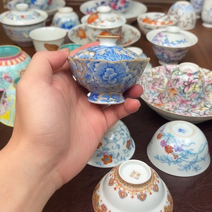 盖碗陶瓷青花万花描金花口盖碗