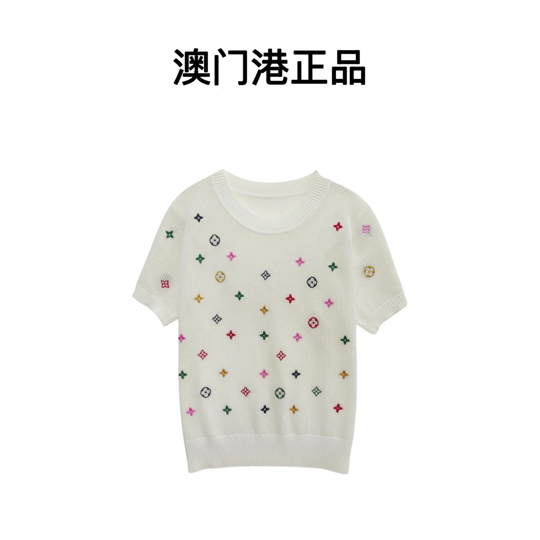 【澳门港正品】天丝亚麻时尚刺绣图案圆领短袖针织衫msl438