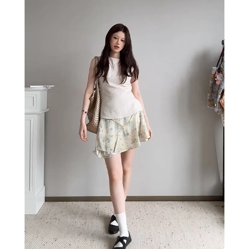 2025夏季新款女韩系穿搭修身圆领无袖上衣气质高腰显瘦碎花半身裙