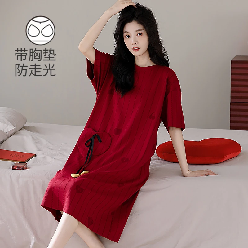 睡裙女款带胸垫防凸点夏季短袖红色喜庆新婚本命年睡衣纯棉家居服