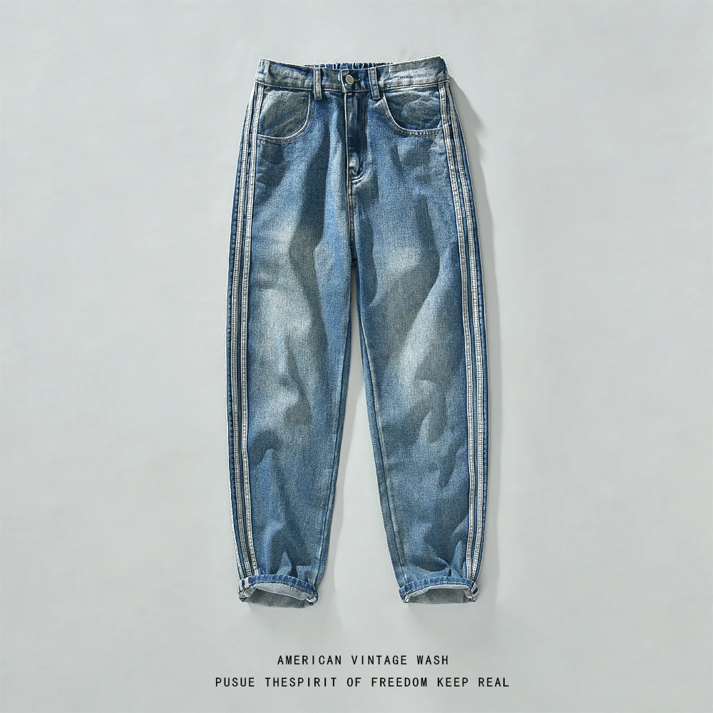 DG89901高品质侧边织带牛仔裤复古做旧男款宽松长裤