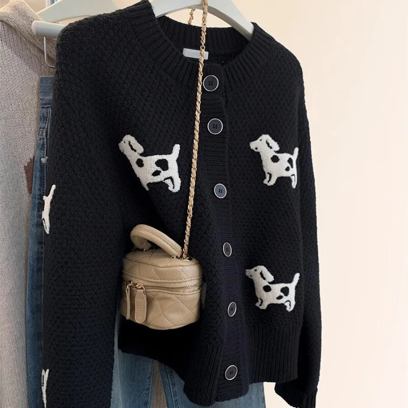 黑色小狗毛衣开衫女春秋欧货外穿宽松高级感小个子针织外套70080