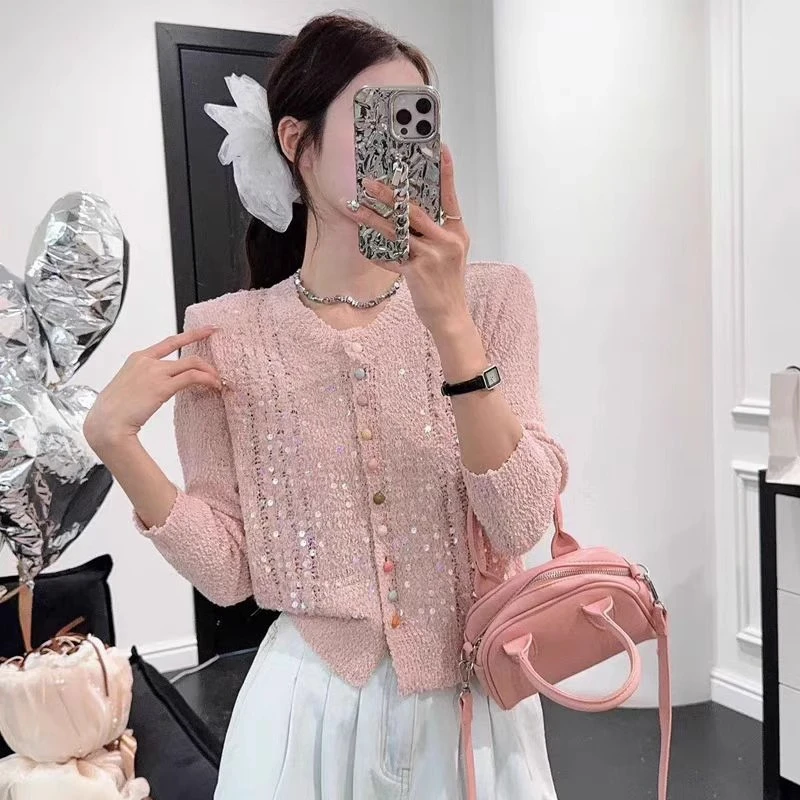 2025春夏新款洋气法式小香风镂空亮片彩扣短款针织圆领开衫上衣女