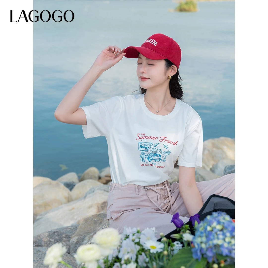 【重百优选】lagogo2025年新款印花通勤凉感新疆棉T恤女OATT313G71