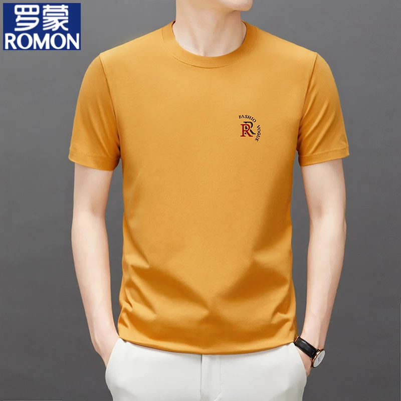 罗蒙短袖t恤男士100%纯棉夏季薄款圆领高级感美式时尚印花半袖潮