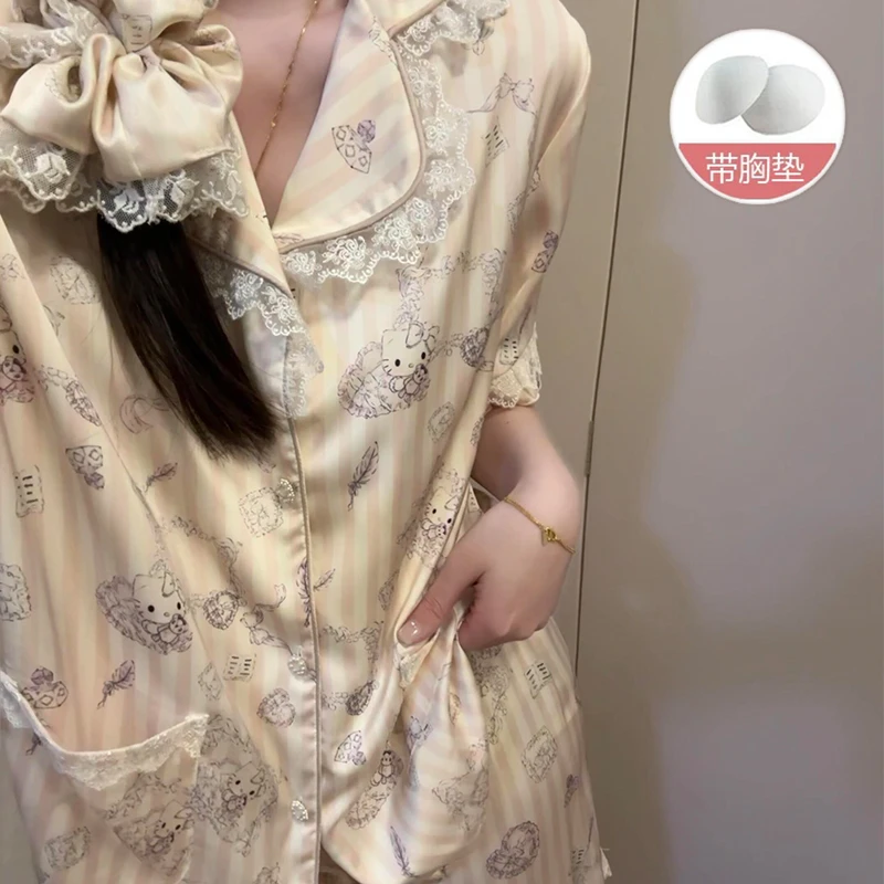 短袖冰丝薄款睡衣女夏天仿真丝绸甜美可爱开衫夏季外穿家居服套装