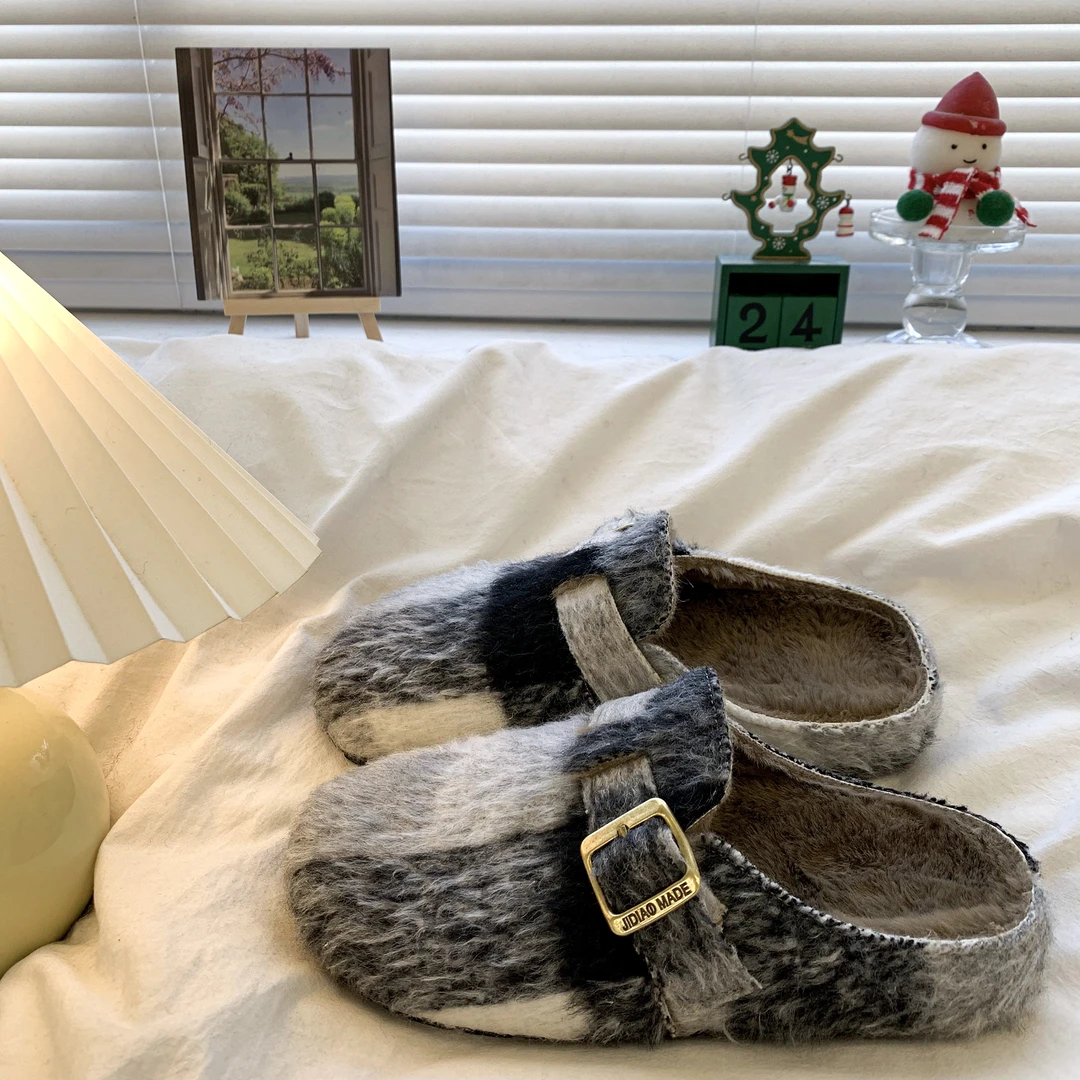 平底加绒勃肯鞋拼色毛毛棉拖鞋女外穿2025冬季新款一脚蹬包头半拖