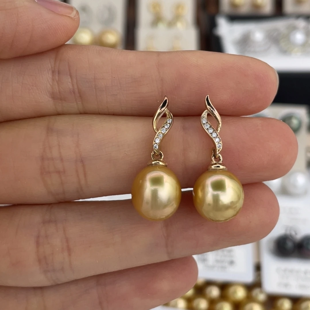 海水珍珠耳饰银S925镶嵌金珠9-10