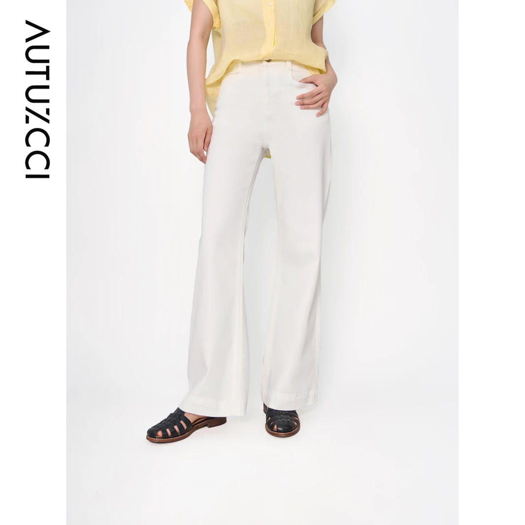 莱赛尔白色微喇裤夏季高个子/小个子高腰喇叭休闲牛仔裤女61025-1