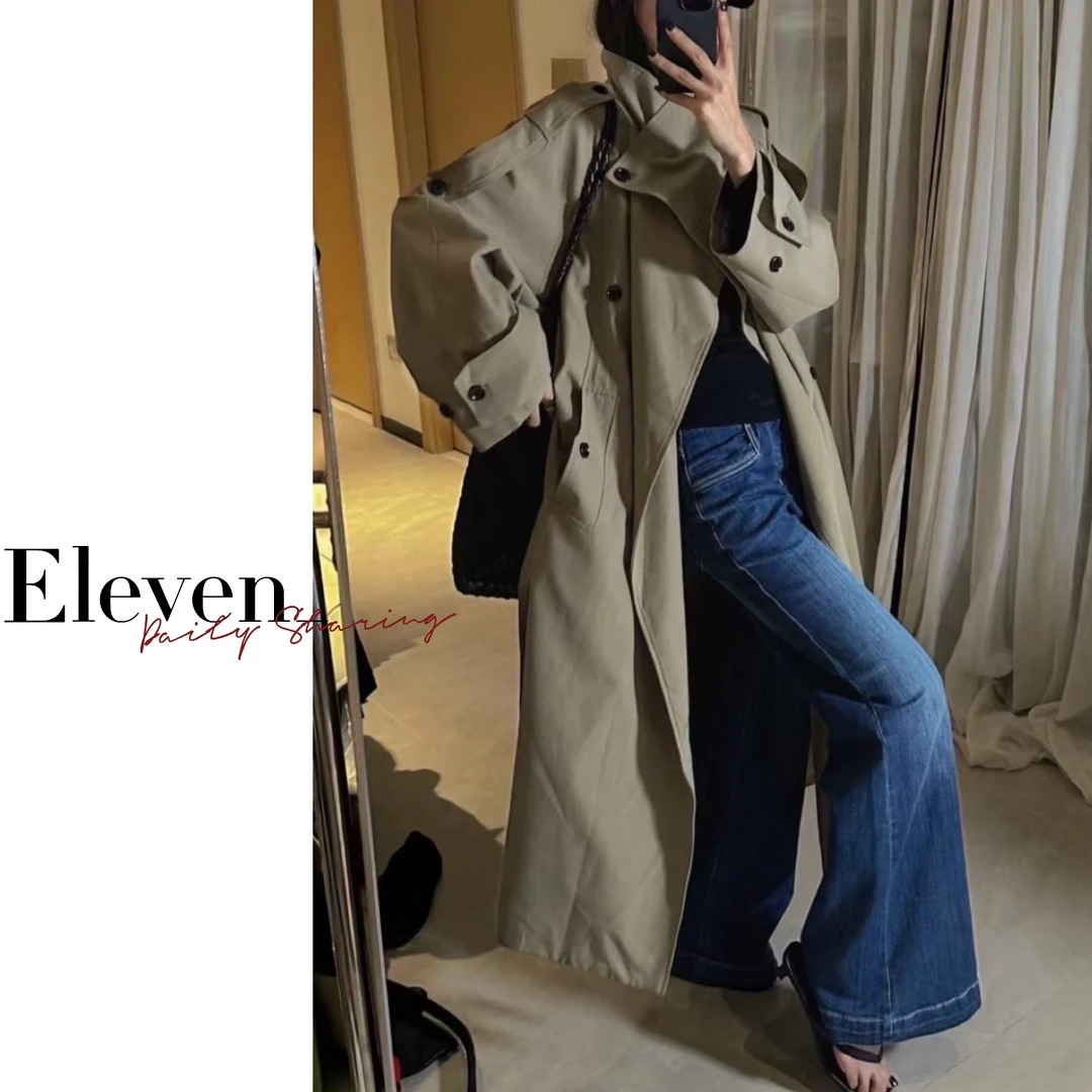 Eleven_ 高级感双排扣立领秋季中长款宽松风衣外套